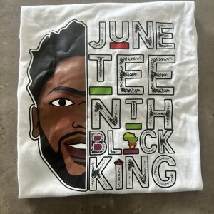 Juneteenth Black King Premium Graphic Tee custom DTF graphic tee printed by Beverly J. Hamilton in Cleveland, Ohio